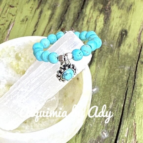 Silver sun pendant turquoise beaded gem ring band bohemian - Picture 2 of 3